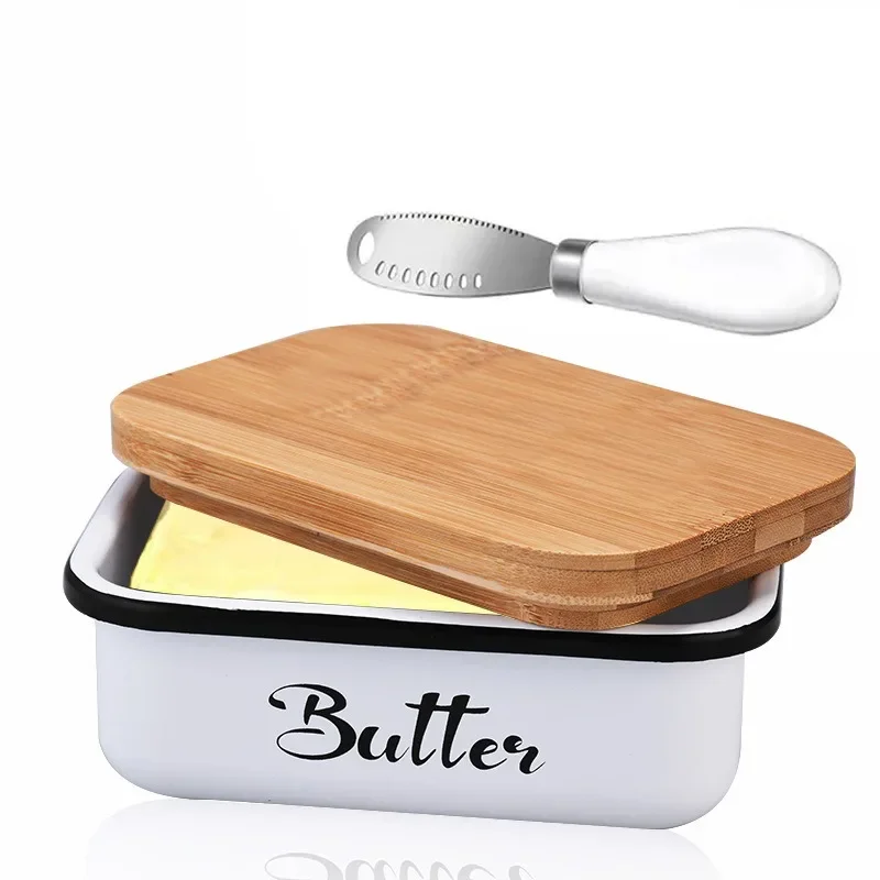 Rectangular Butter Container Restaurant Sealed Storage Box Cheese Box with Bamboo Lid Butter Slicer Home Dish Tableware