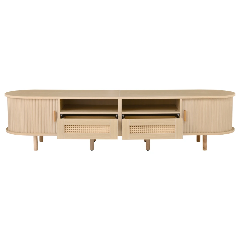 Ovaler TV-Ständer für 70-Zoll-Fernseher – Rattan-Design, Schubladen + Schiebetüren, Lowboard aus MDF-Holz, kratzfester TV-Schrank mit Stauraum – Detail 23