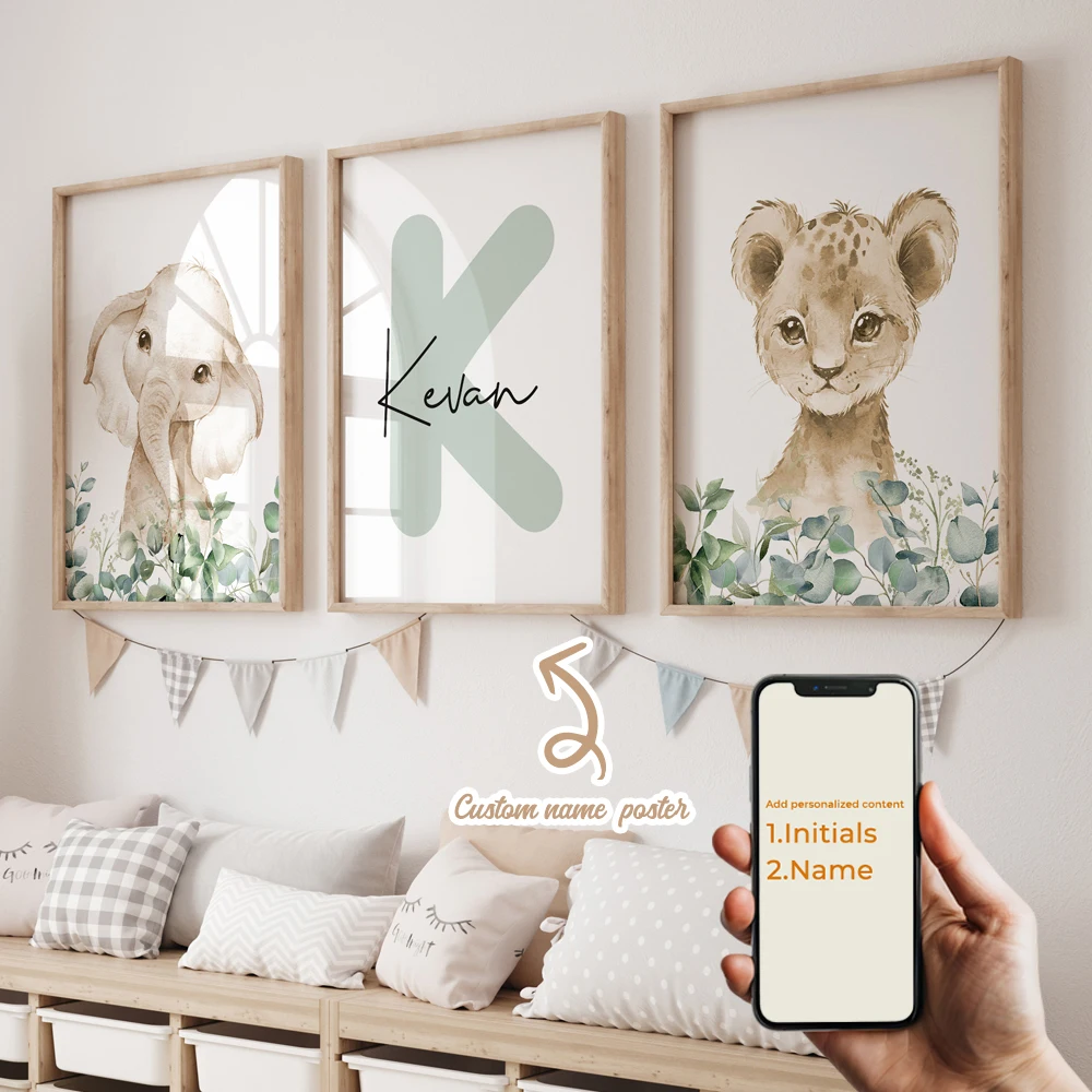 3pcs Personalized Custom Name Cartoon Forest Animals Wall Art Print Picture Canvas Poster Painting For Living Room Home Decor 4