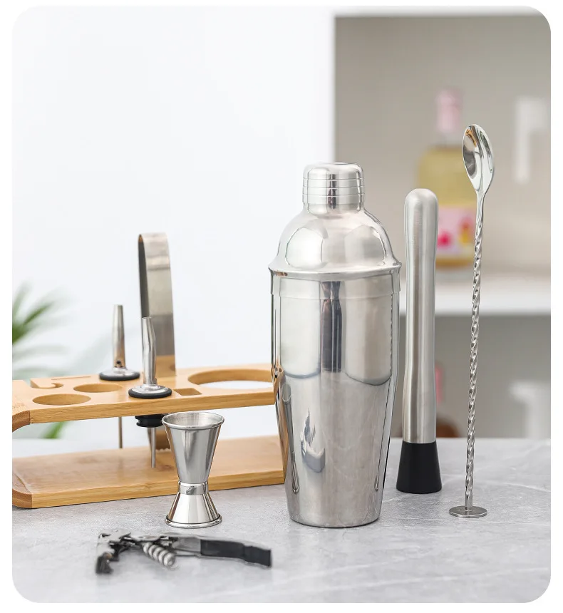 Stainless Steel Cocktail Shaker Set Bartender Tools Set Bamboo Rack cocktail shaker