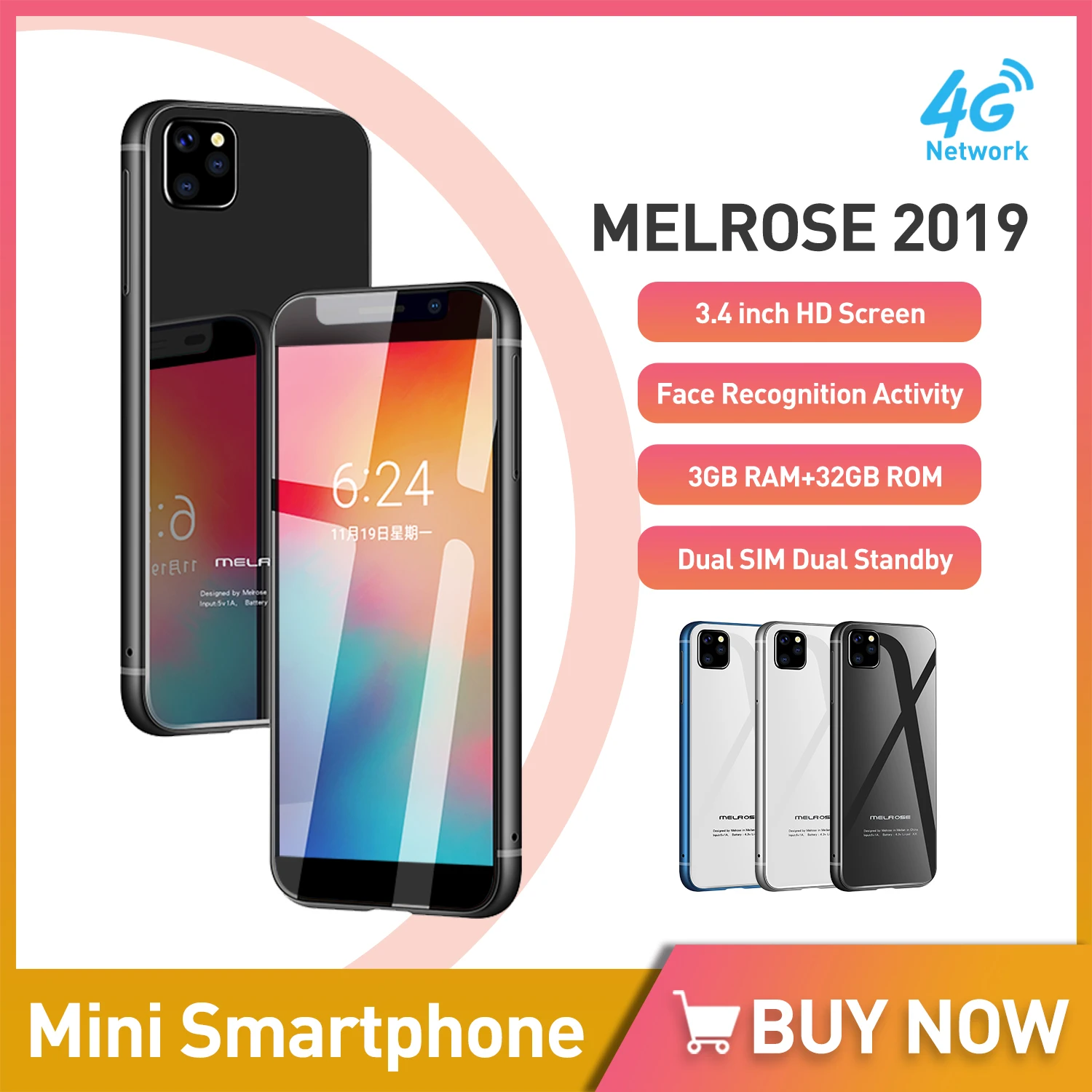 UNIWA Melrose 2019 3 4 дюйма мини-смартфоны Android 8.1 четырехъядерный мобильный телефон Dual 4G