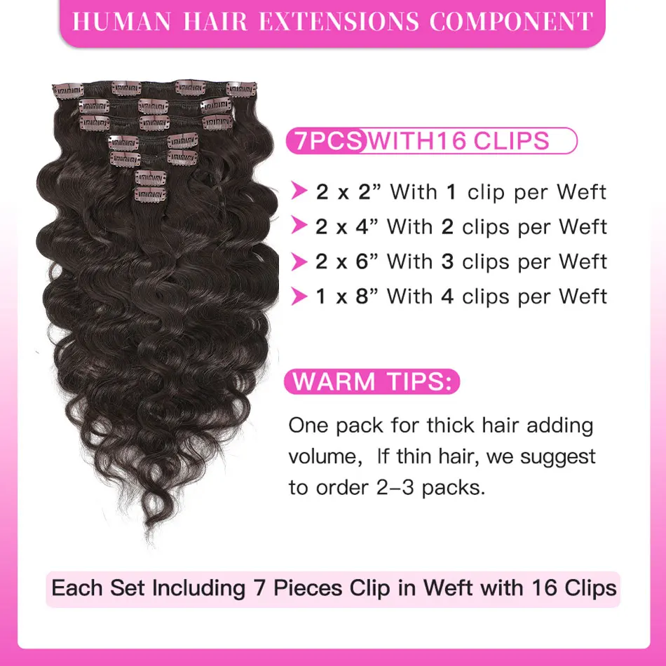 Natural Wave Clip In Human Hair Extensions 100% Remy Human Hair Clip In 120G 7Pcs/Set Full Head For Women 14-24Inch 2