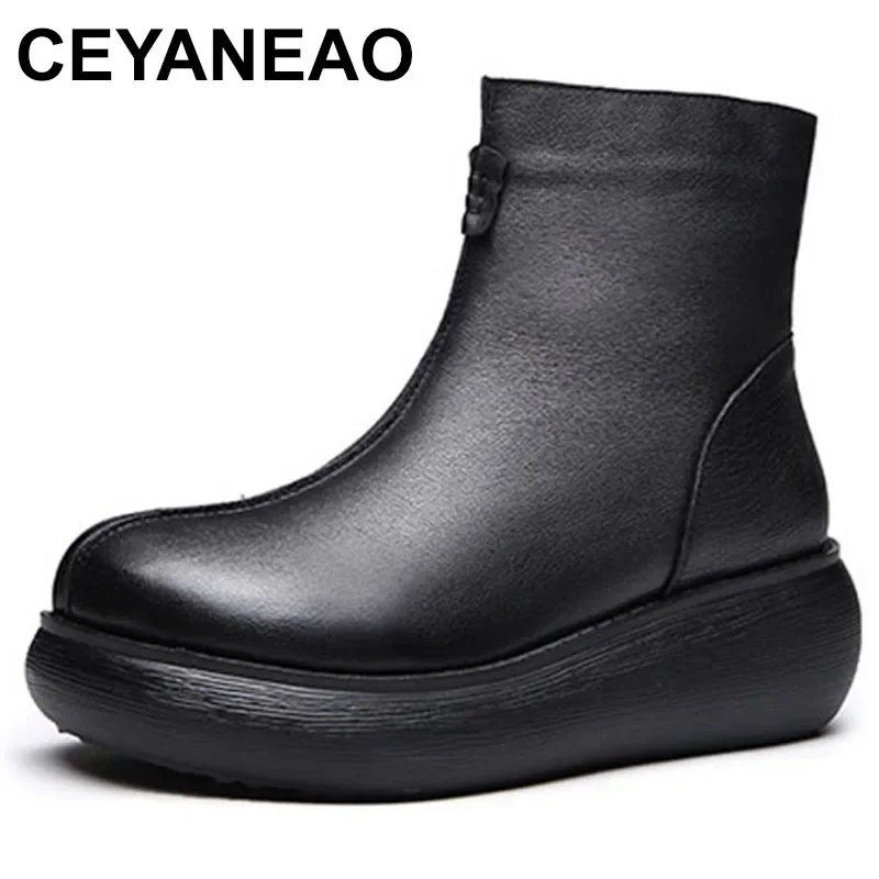 

Кожаные туфли из чистой шерсти на среднем каблуке, оригинальная теплая женская обувь на толстой подошве из овчины и меха