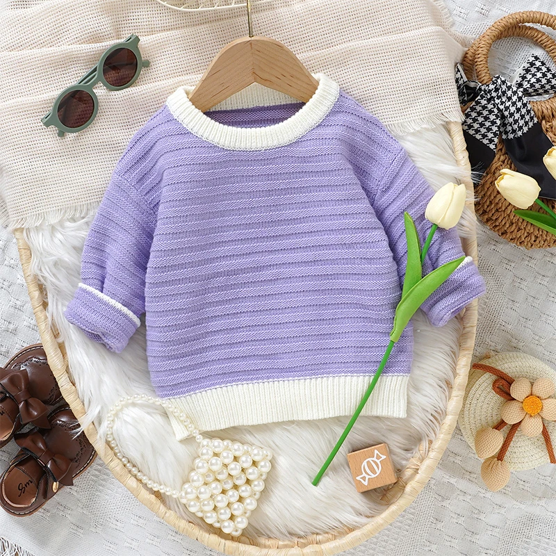 VISgogo 0-3 Years Toddler Girl Boy Fall Sweater Contrast Color Long Sleeve Crew-Neck Chunky Knitwear Tops