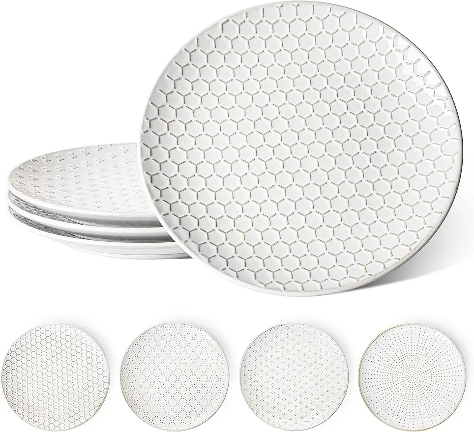 

LE TAUCI Dinner Plates Set of 4, 10 Inch Ceramic Dish Set for Kitchen, Embossed Serving Dish, Microwave