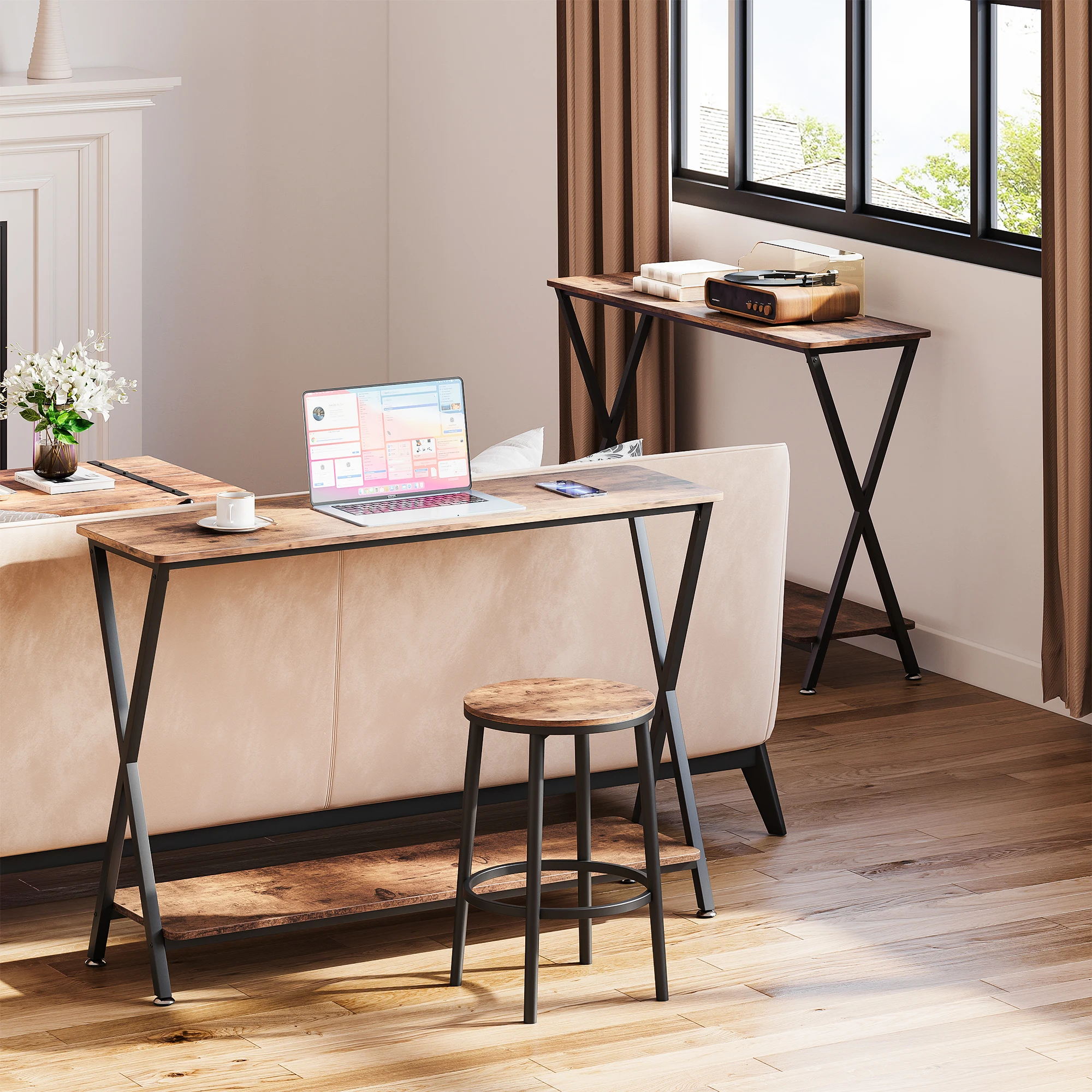 Konsolentisch, Sofatische, schmaler Eingangstisch mit Regal und Metallrahmen hinter dem Couch, Tisch für Flur, Foyer, Schlafzimmer – Detail 8