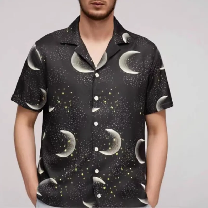 

Рубашка мужская оверсайз с коротким рукавом, популярный пляжный костюм свободного кроя, с принтом звезд, Луны, на пуговицах, с воротником с лацканами, в винтажном стиле, для отпуска