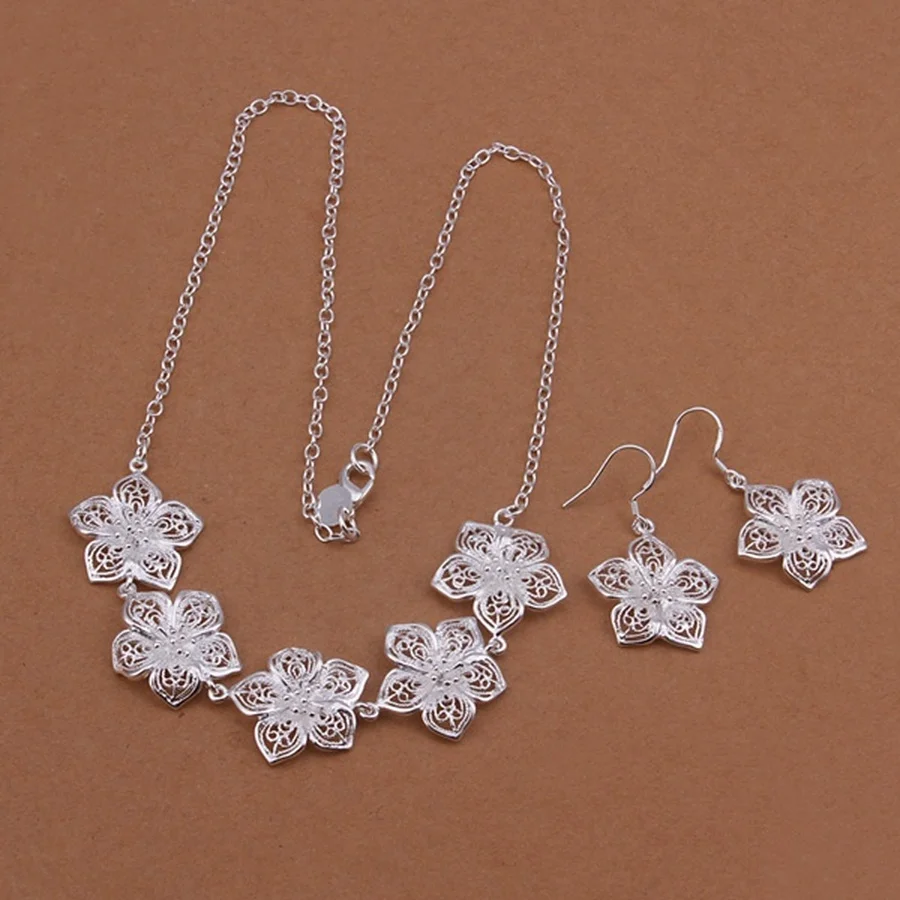 Bijoux de mariage couleur argent, breloque, pendentif fleur creuse, collier, boucles d'oreilles, mode femmes femmes dame, ensemble de bijoux 1