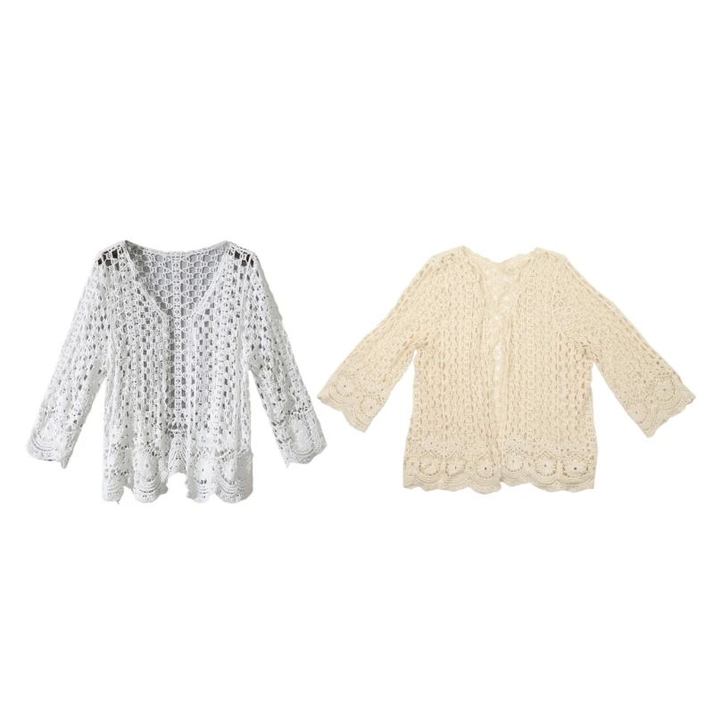 

Women Spring Long Sleeve Cardigan Hollow Out Crochet Knit Floral Sweater Cover Up Open Front Scalloped Hem Mesh Net DropShip