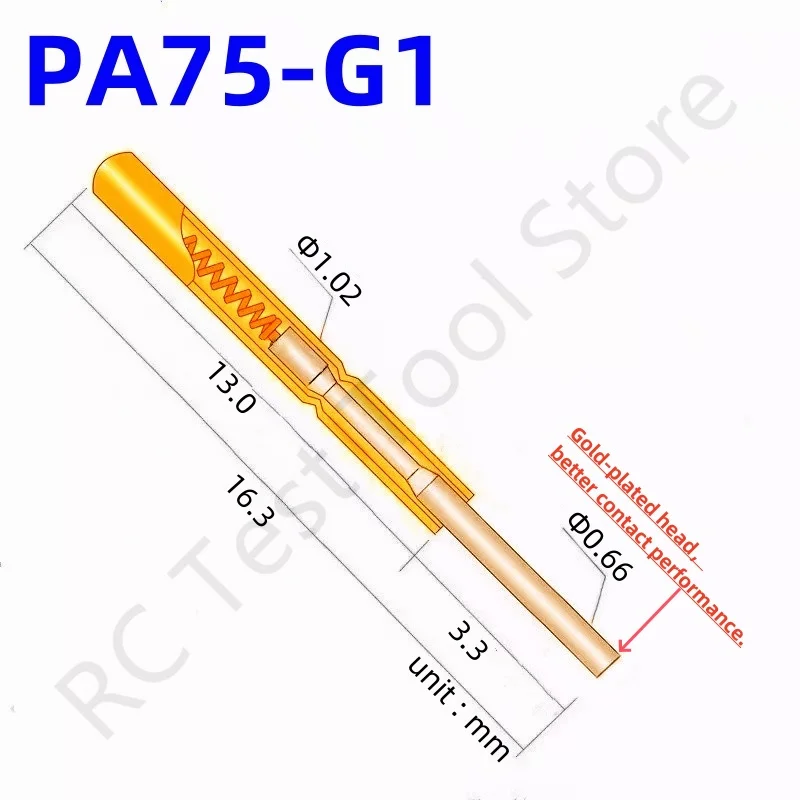 

20/100PCS PA75-G1 Spring Test Probe PA75-G Test Pin Test Tool 16.3mm Dia1.02mm Gold Needle Tip Dia 0.66mm Pogo Pin P75-G P75-G1