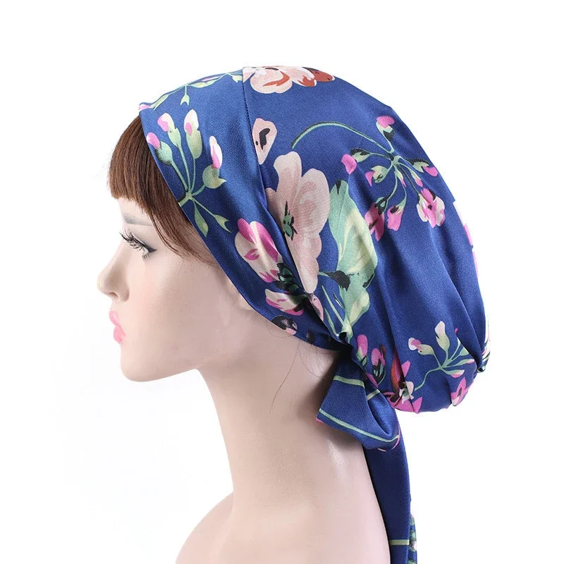New Women Satin Night Cap Bowknot Sleep Hat Silk Chemo Caps Cancer Hats Long Tail Hair Bonnet Head Scarf Wrap Bandana Headwear 5