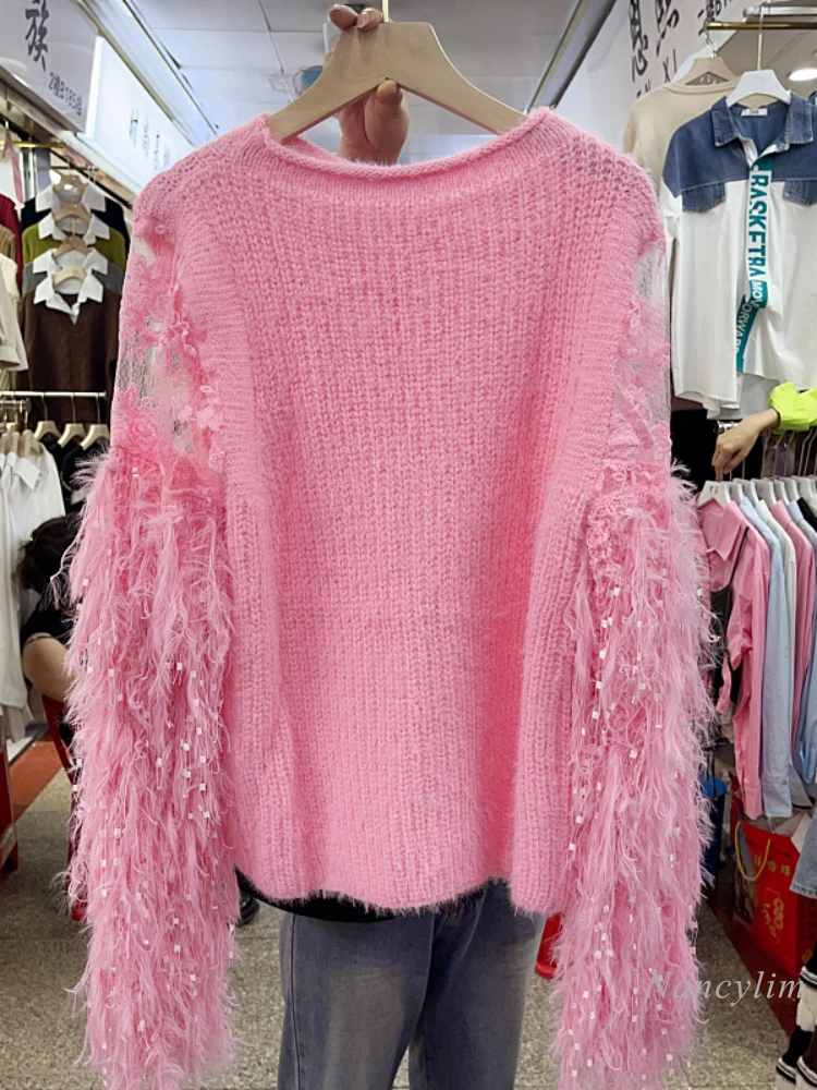 

Tassel Patchwork Round Neck Women's Long Sleeve Sweater 2023 Autumn and Winter New Design Sense Sweater Top Street Casual Pull