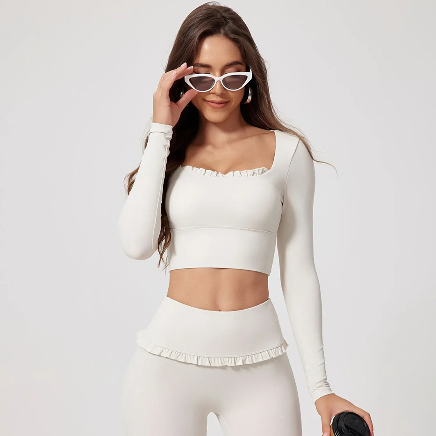 Yoga Top Sports Shirt Fast Drying Fitness Sports Long Sleeve Top Running Square Neck Lace Tight Outwear with Chest Pad Long Sleeve Sports Yoga Clothes