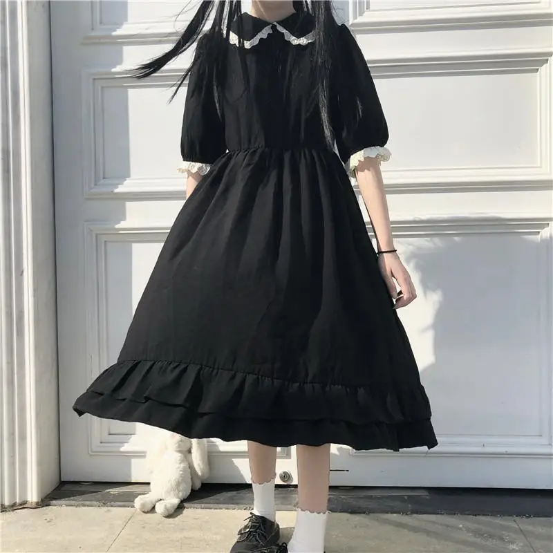 HOUZHOU Kawaii Black Dress Women Harajuku Corset Preppy Japanese Cute Midi  Dress Preppy Vintage Fashion Puff Sleeve Sundress