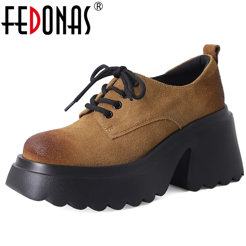 

FEDONAS Fashion Popular Women Pumps Lace-Up Thick Heels Platforms Working Casual Cow Suede Leather Shoes Woman Spring Autumn