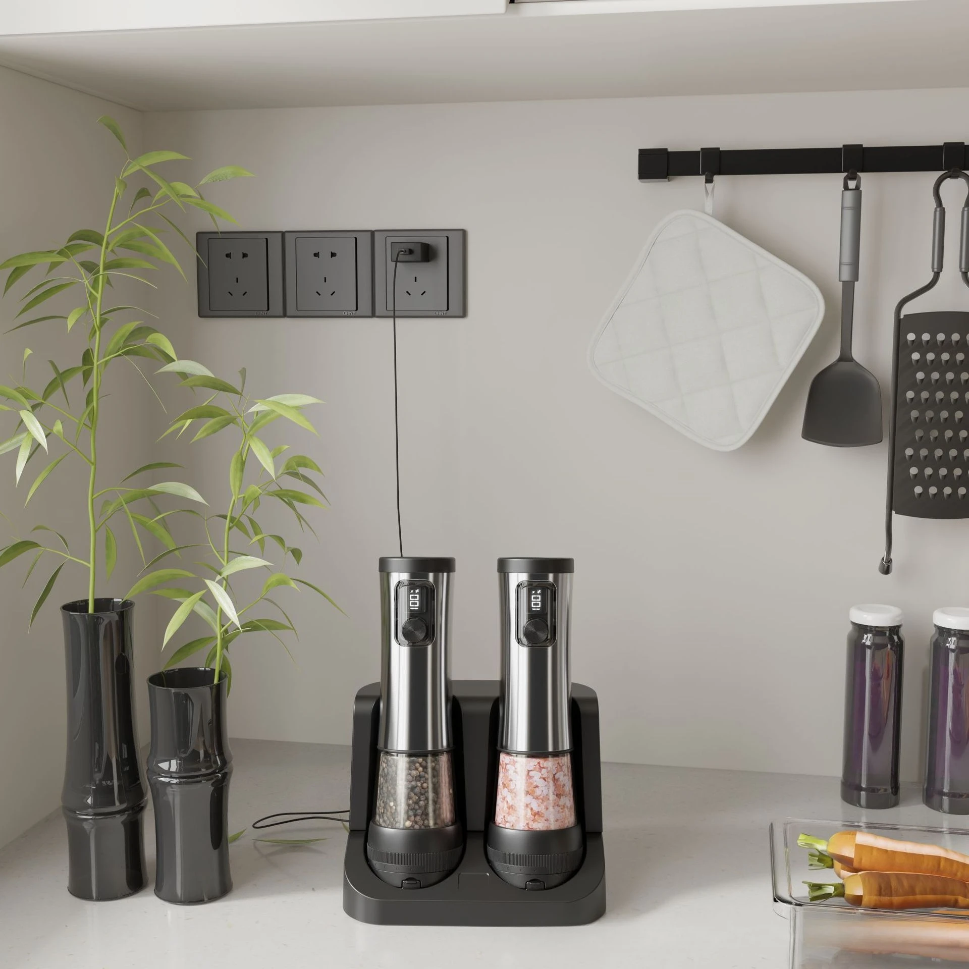 Electric Automatic Salt & Pepper Grinder Set – Rechargeable Base, LED Indicator & Adjustable Coarseness 3