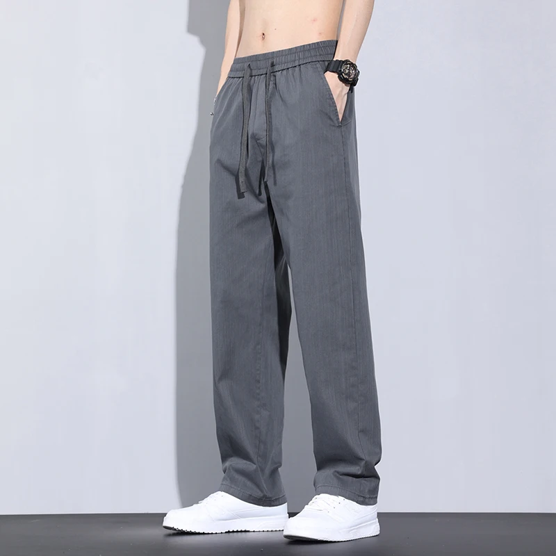 Spring Autumn Men's Clothing Solid Color Elastic High Waisted Pockets Drawstring Bandage Casual Retro Trousers Straight Pants