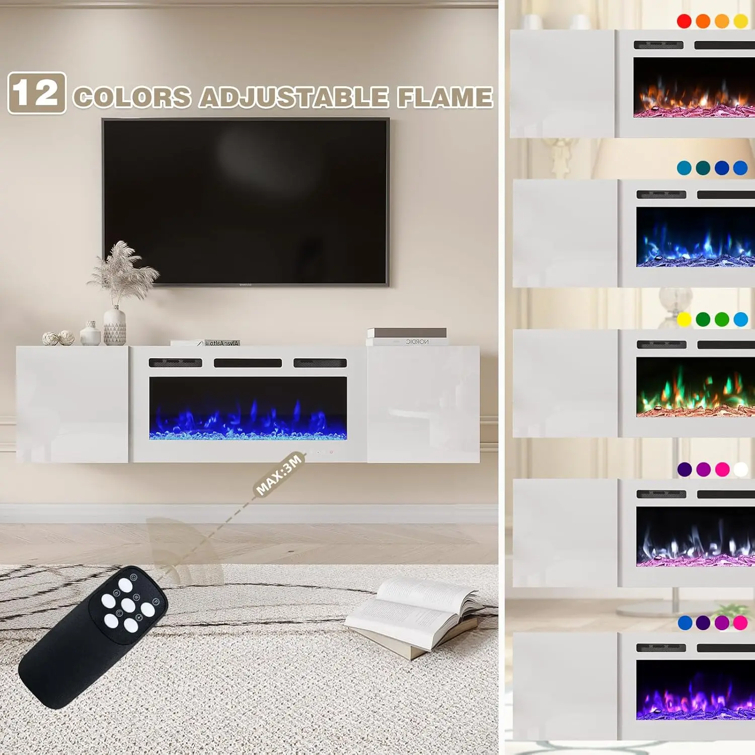 70'' Floating TV Stand with 36'' Electric Fireplace,High Gloss Finish Entertainment Center with 12 Flame Fireplace Insert Heater 4