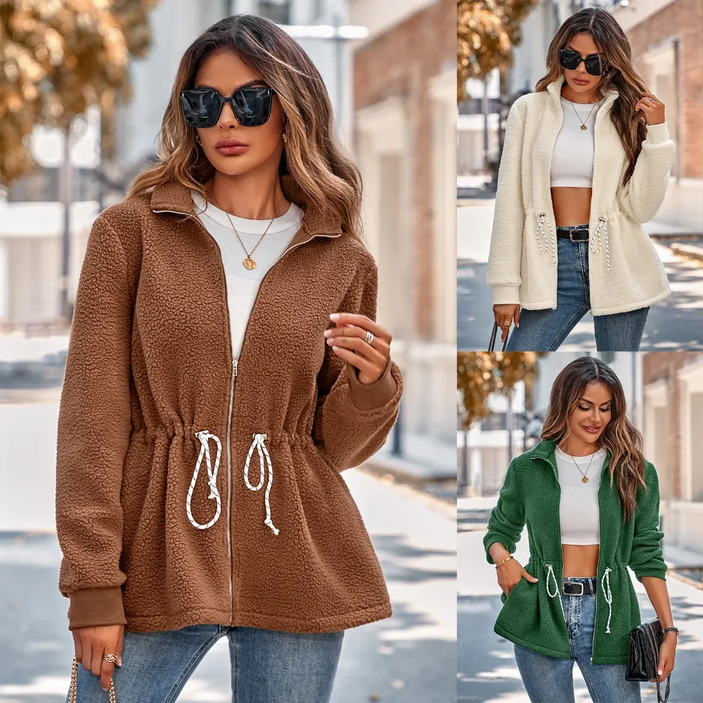 

Women Jacket Autumn/Winter Long Sleeve Standing Neck Solid Lace Up Waist Retraction Casual Plush Coat