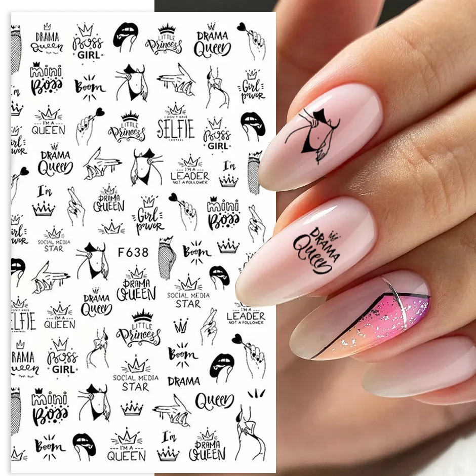 Nail Stickers 1PCS Black and White Love Abstract Flower Nail Art Decoration Slider Sexy Woman Art DIY Ornament