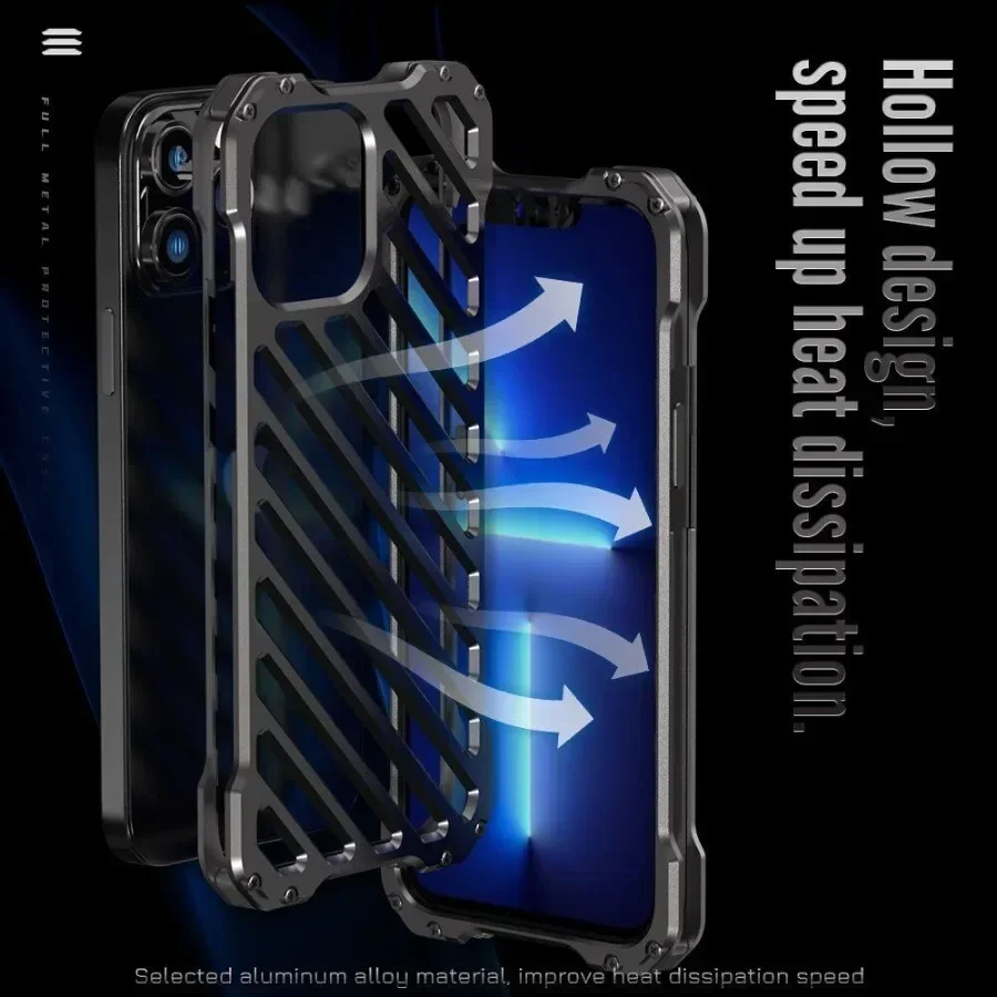 Heavy Duty Armor Aluminum Metal Case For iPhone 15 14 Plus 13 12 Pro Max Shockproof Hollow Heat Dissipation Cover Lens Protector