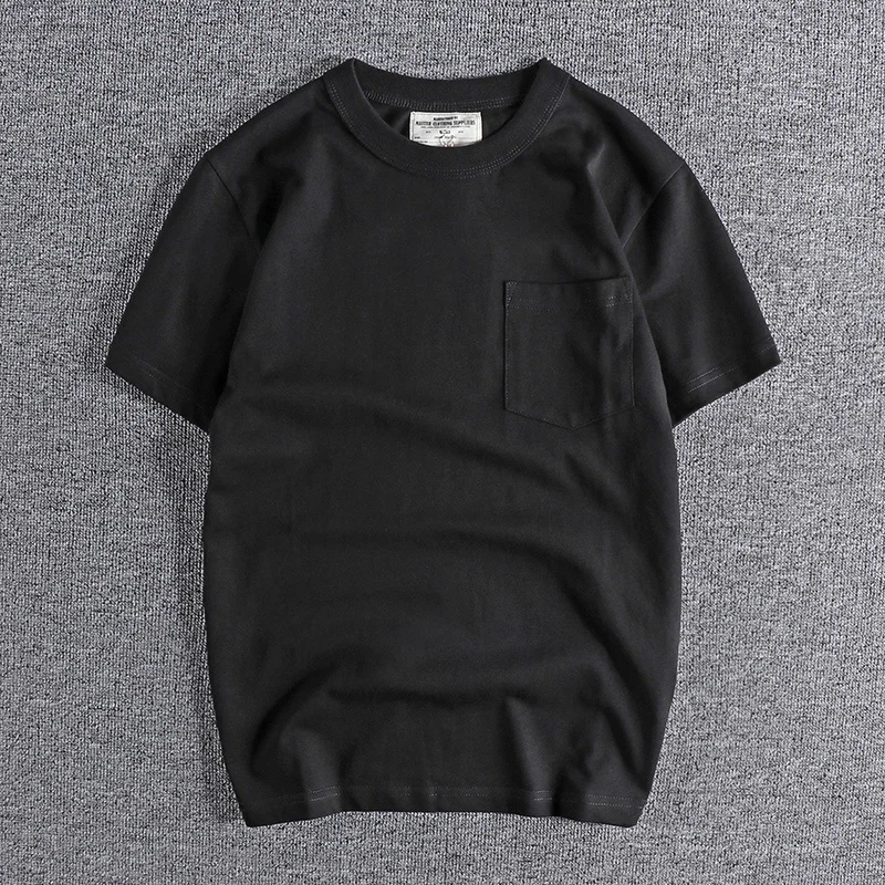 

260G High Gram Heavy Pocket Youth T-shirt 2022 Fashion Retro Washed Solid Color Fresh All-match Men's Round Neck Short Sleeves