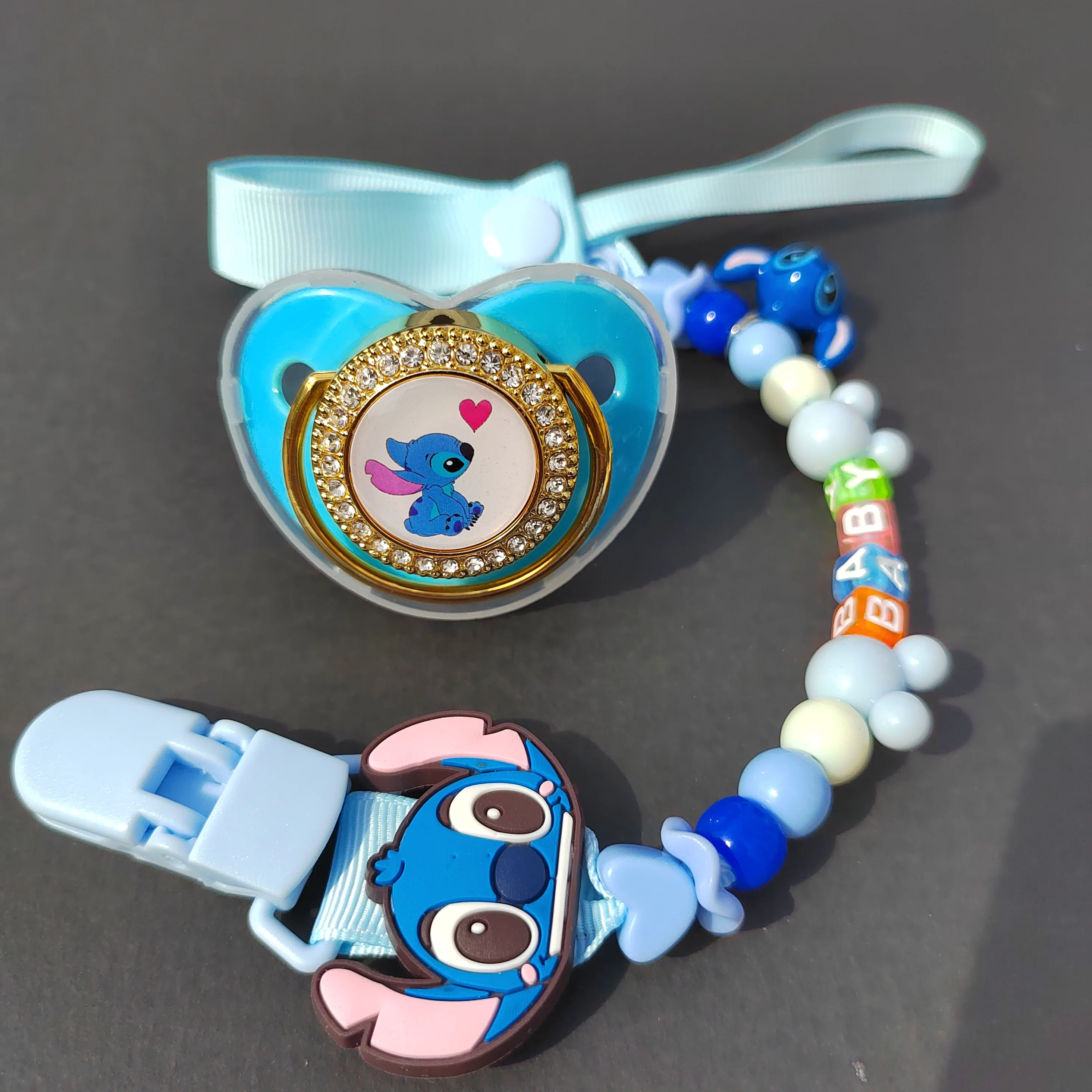 2022 Disney Blue Bead Clip and Pacifier Baby Pacifier Fake Silicone Baby Pacifier Newborn Pacifier BPA Free Baby set Shower Gift
