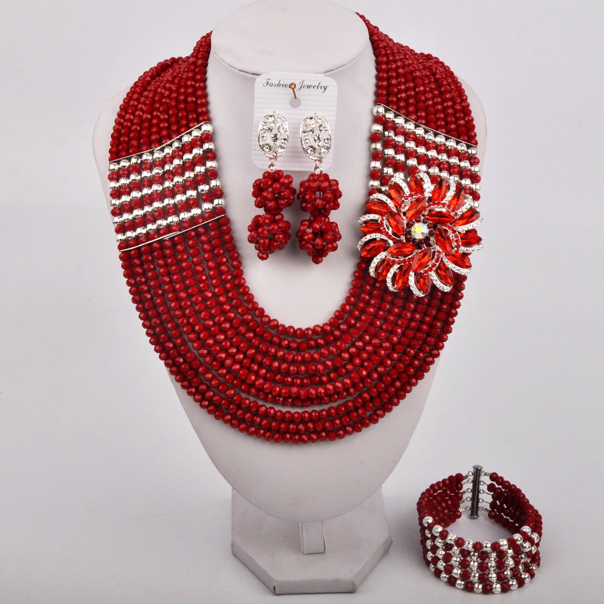 

Opaque Red Fashion Necklace Women African Beads Jewelry Set Crystal
