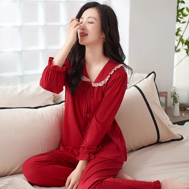 Wedding Festivity Red Color Women Modal Pajamas Set Solid Single Breasted  Long Sleeve Button-Down Sleepwear Loungewear Pyjamas - AliExpress