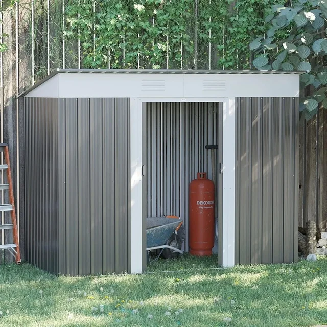 Abri de rangement de jardin incliné en métal de 8' x 4' avec doubles portes coulissantes et évents d'air pour pelouse de patio d'arrière-cour 2