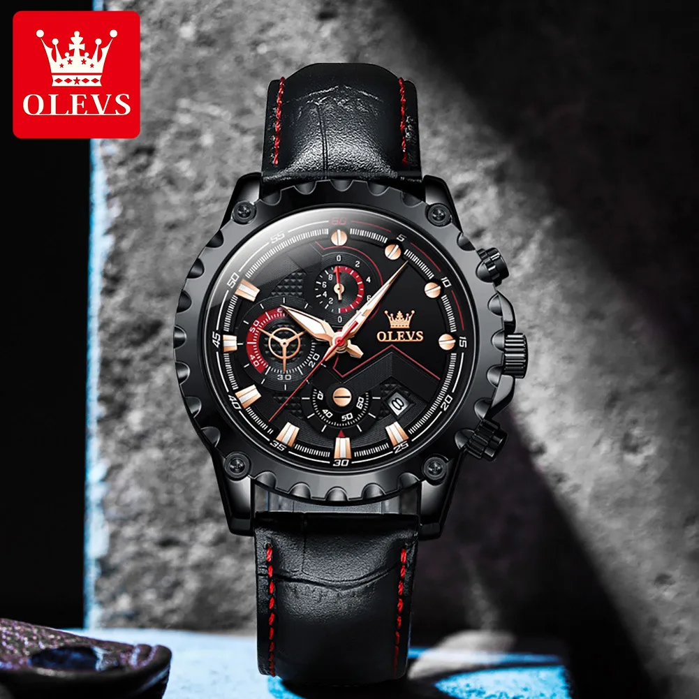 

Olevs Men's Fashion Quartz Watches With Leather Strap Top Brand Luxury Sport Male Clock Chronograph Luminious Man Wristwatches