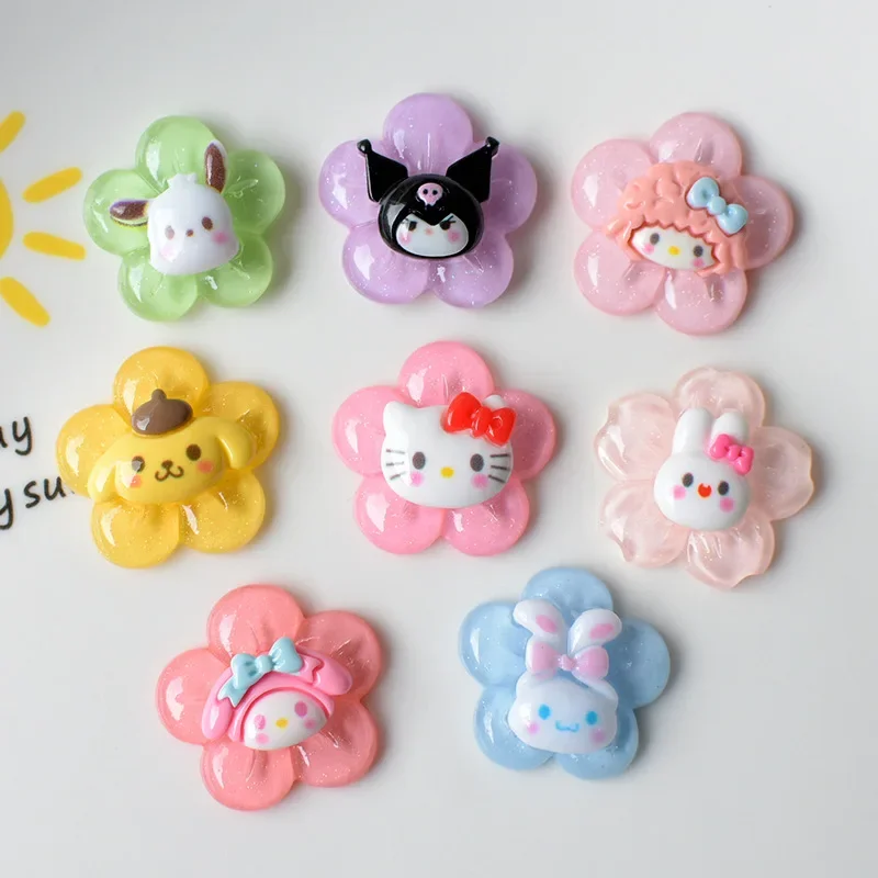 

10Pcs Sanrio Cartoon Transparent Flower Series Flatback Resin Miniatures DIY Hello Kitty Kuromi Resin Cabochon Decorations