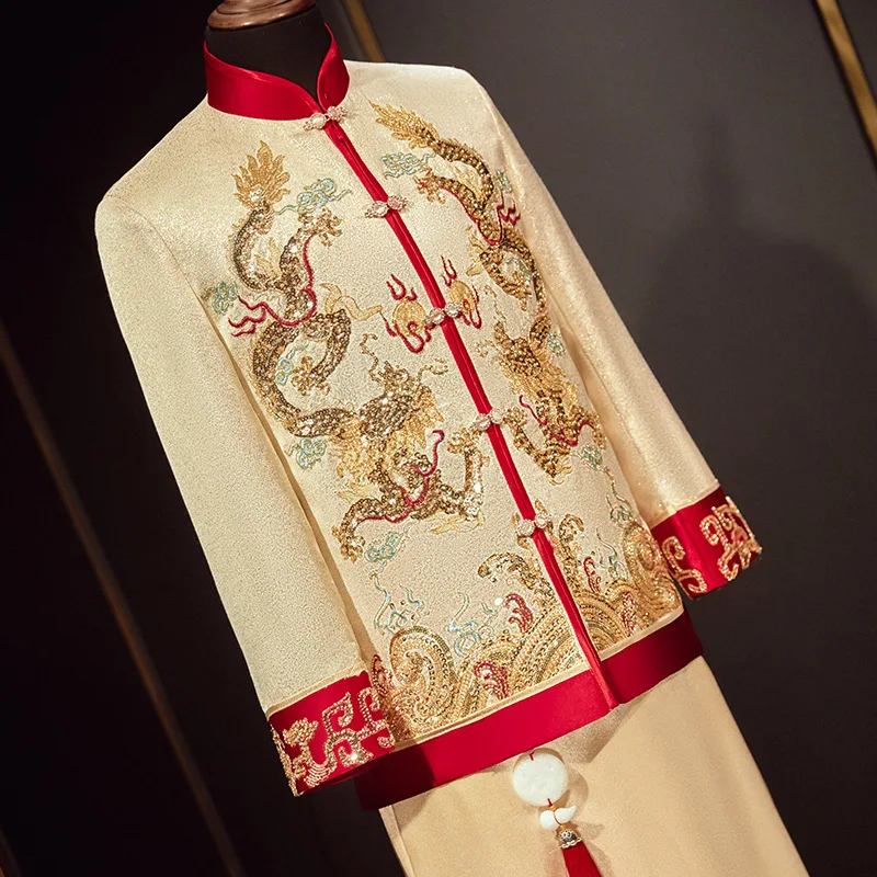 Male Chinese Style Costume Groom Dress Jacket Long Gown Traditional Chinese Wedding Qipao For Men