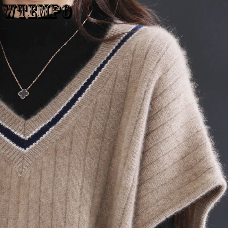 WTEMPO Women's Short Sleeve Knitted Vest Spring Fall Contrast V Neck Pullovers Jumper Loose Casual Ladies Gilet Sweater 6