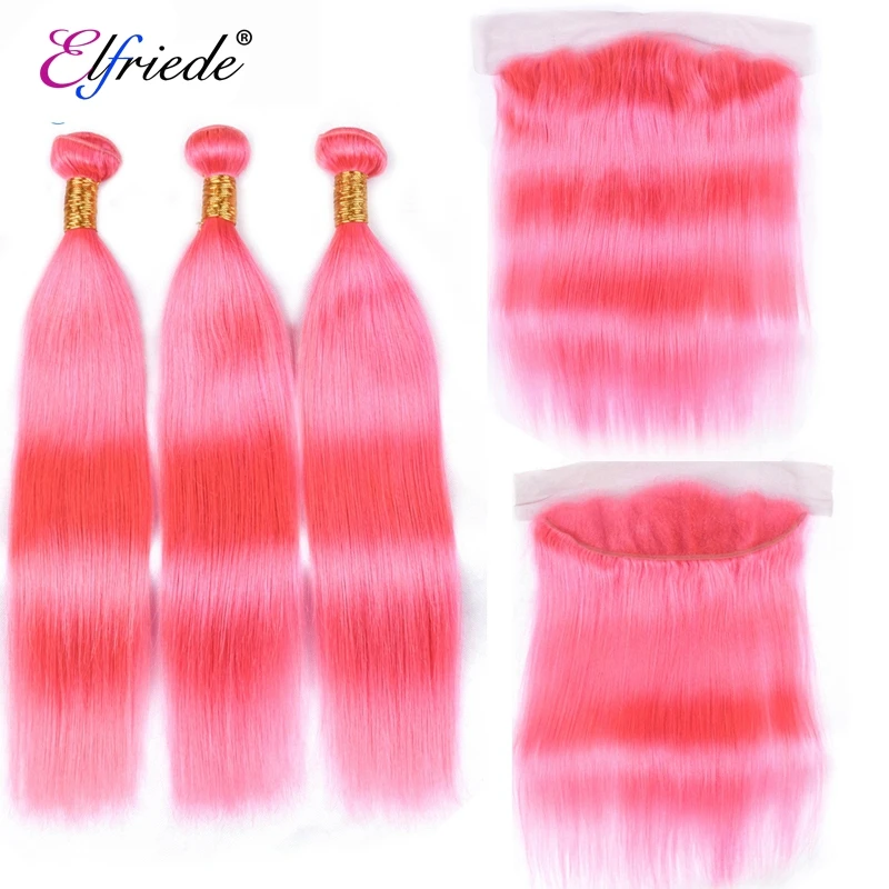 

Elfriede #Pink Straight Colored Hair Bundles with Frontal Brazilian Human Hair Sew-in Wefts 3 Bundles with Lace Frontal 13x4