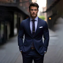 Formal Notch Lapel Men's Suits Navy Blue Chic Single Breasted Business Causal 2 Piece Solid Fashion Male Suit (Jacket+Pants)
