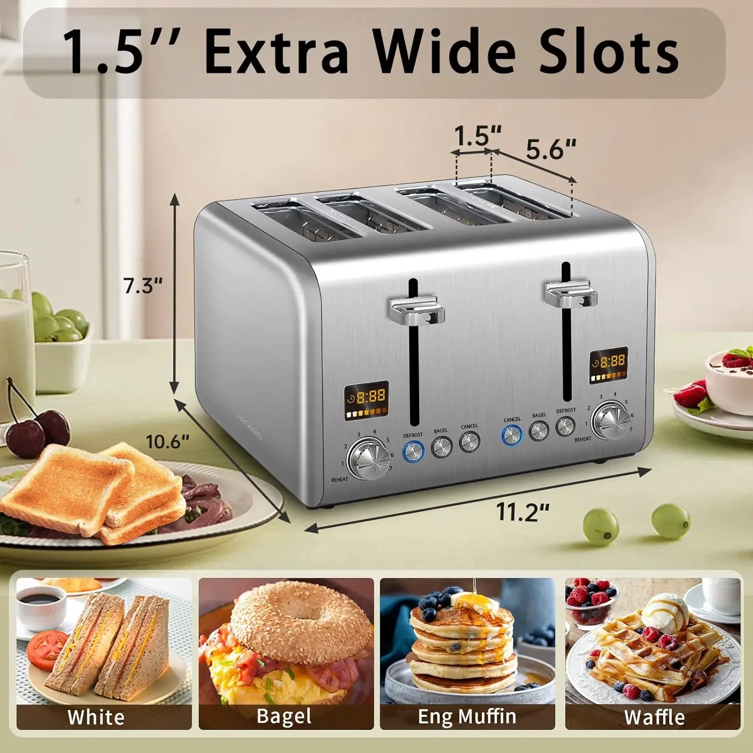 4 Slice Toaster Stainless Bread Toaster Color LCD Display 7 Bread Shade Settings 1.5'' Wide Slots Toaster with Bagel/Defrost 2