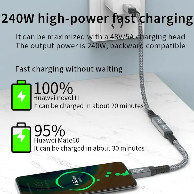 90도 썬더볼트 4 USB C 연장 케이블 40Gbps PD240W 고속 충전 타입 C 데이터 케이블 8K@60Hz 삼성 화웨이 맥북용