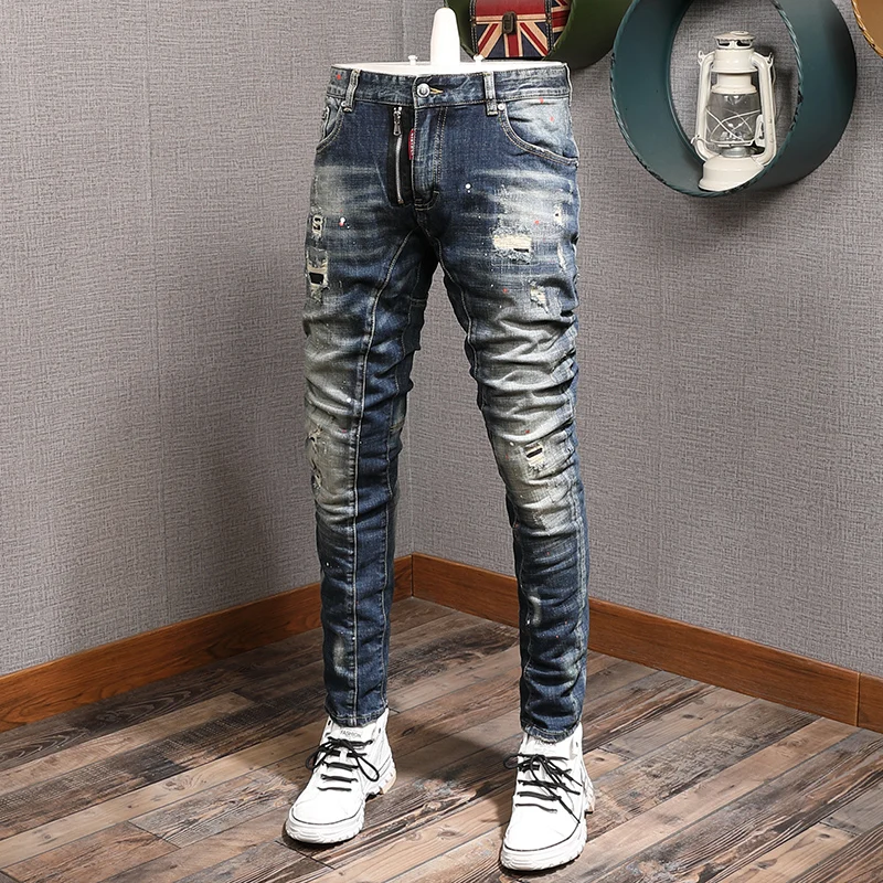 

Street Fashion Men Jeans Retro Washed Blue Elastic Stretch Slim Fit Ripped Jeans Men Spliced Designer Hip Hop Biker Pants Hombre