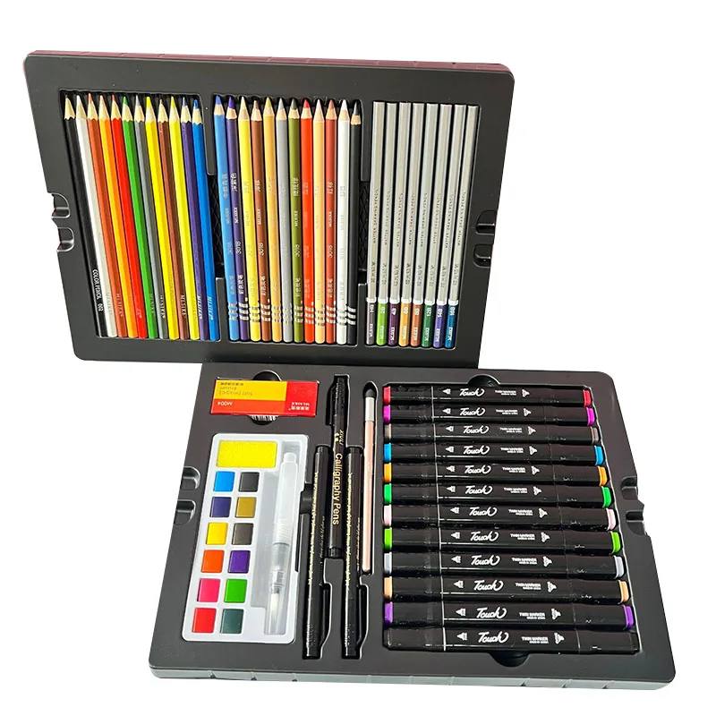 63PCS 브러쉬 세트 그림 그리기 용품 미술 유화 스틱 도구 수채화 펜 크레용 연필 그래피티 선물 상자