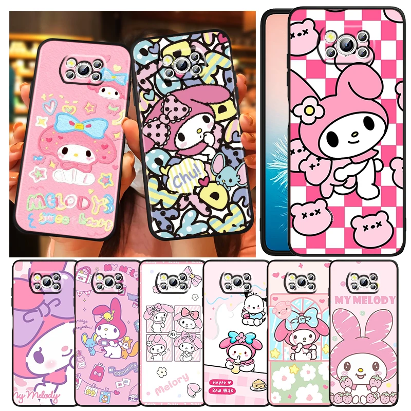 

Sanrio Melody Cartoon Cute Phone Case For Xiaomi Mi Poco X4 X3 NFC F4 F3 GT M5 M5s M4 M3 Pro C40 C3 5G Funda Black Soft Cover