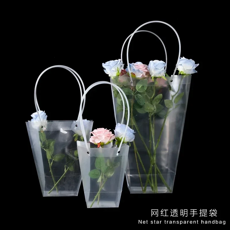 

Waterproof Transparent Handbag Trapezoid Square Gift Bouquet of Flowers Artwork Storage Thickening Handle Plastic Packaging Bags