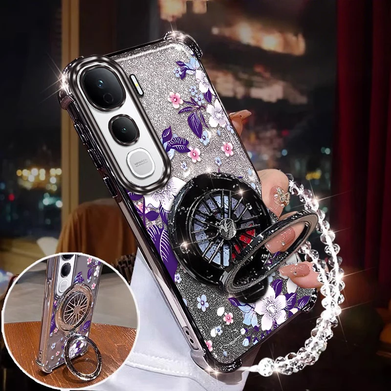 Purple Flowers Plating Phone Case with Bracket and Lanyard