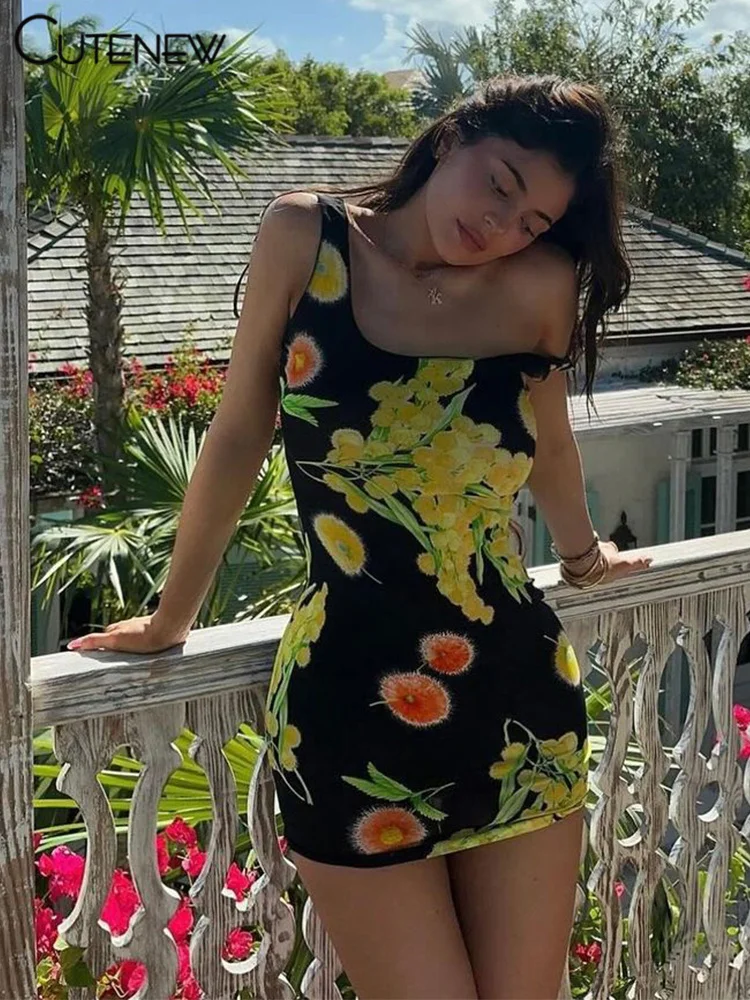 

Мини-платье Cutenew женское летнее с принтом, модное облегающее платье контрастных цветов на бретелях-спагетти, уличная одежда