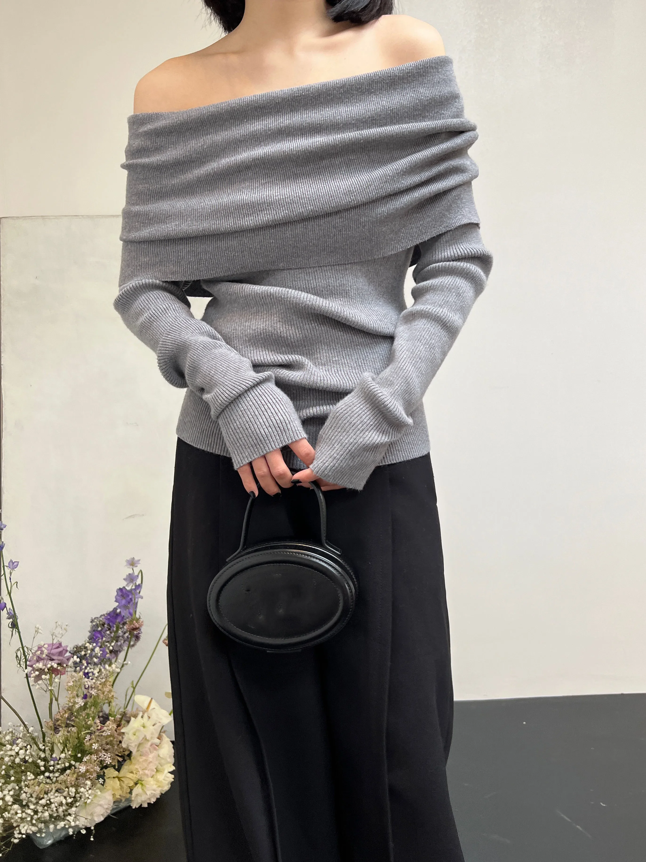 Autumn Winter Off Shoulder Women Sweaters Elegant Vintage Knitted Solid Jumper High Stretch Top Soft Chic Pullovers 2025 5