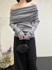 Autumn Winter Off Shoulder Women Sweaters Elegant Vintage Knitted Solid Jumper High Stretch Top Soft Chic Pullovers 2025 5