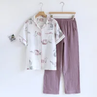 2026 Japanese Summer New Women's Pajama Set Short Sleeve+Long Pants Two piece Set 100%Cotton Thin Cardigan Home Furnishing Fresh - Image 3