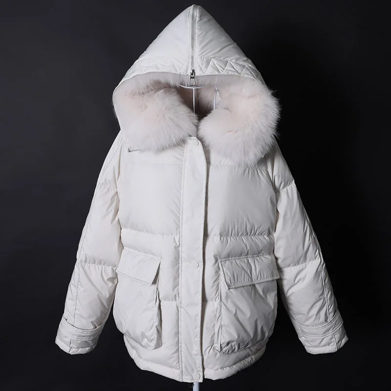 Maomaokong loose Real Fox Fur Collar 2024 White Duck Down Jacket
