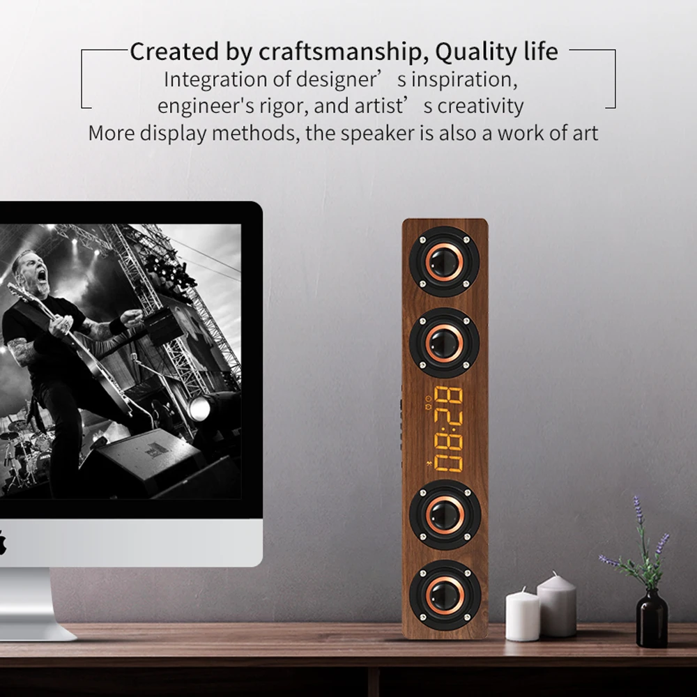 Rechargeable Bluetooth Wooden Alarm Clock with Soundbar Speaker and FM Radio