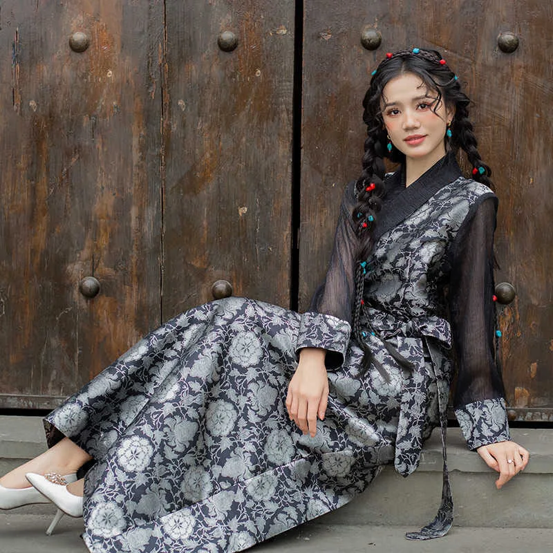 Tibetan Clothing Mix French Style Girl Jacquard Bola Dress Travel Photography Costume Tibet Ethnic Guozhuang Long Robe Lady
